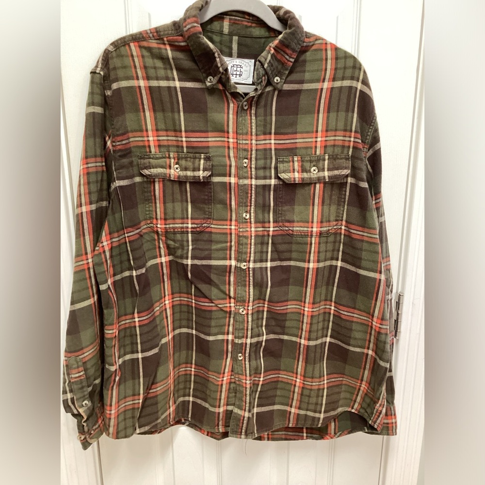 Mott & Grand XL Green plaid Flannel men’s shirt, outdoor-wear, camping
